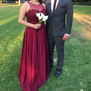 Burgundy red embroidered chiffon gown dress